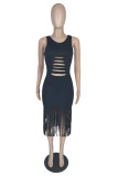 White Sexy Casual Solid Tassel Ripped Hollowed Out Patchwork O Neck Wrapped Skirt Dresses