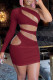 Burgundy Sexy Solid Hollowed Out Backless Oblique Collar Long Sleeve Dresses