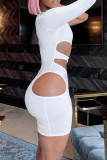 Red Sexy Solid Hollowed Out Backless Oblique Collar Long Sleeve Dresses