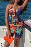 Colour Sexy Casual Print Backless Halter Sleeveless Dress Dresses