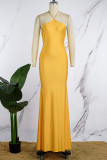 Red Sexy Solid Metal Accessories Decoration Backless Halter Long Dress Dresses