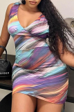 Colour Street Print Bandage Patchwork Fold V Neck One Step Skirt Dresses