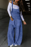 Blue White Street Print Patchwork Pocket Knotted Spaghetti Strap Loose Jumpsuits
