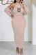 Khaki Casual Print Letter O Neck Long Sleeve Two Pieces