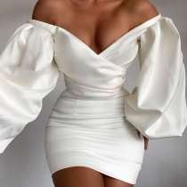 White Sexy Solid Backless V Neck Long Sleeve Dresses