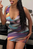 Colour Street Print Bandage Patchwork Fold V Neck One Step Skirt Dresses