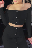 Black Elegant Solid Patchwork Buckle Square Collar Long Sleeve Two Pieces