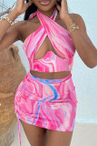 Pink Sexy Print Hollowed Out Backless Halter Sleeveless Two Pieces