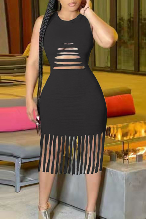 Black Sexy Casual Solid Tassel Ripped Hollowed Out Patchwork O Neck Wrapped Skirt Dresses