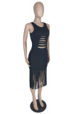 White Sexy Casual Solid Tassel Ripped Hollowed Out Patchwork O Neck Wrapped Skirt Dresses