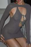 Black Sexy Solid Bandage Hollowed Out See-through Backless O Neck Long Sleeve Two Pieces