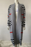 Grey Casual Striped Patchwork Cardigan Collar Outerwear