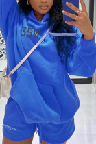 Royal Blue Casual Daily Print Draw String Hooded Collar Tops