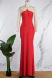 Red Sexy Solid Metal Accessories Decoration Backless Halter Long Dress Dresses