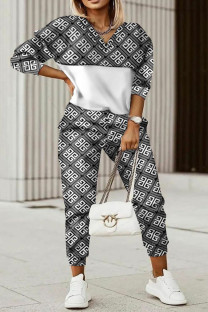 Grey Casual Street Print Patchwork Zipper Collar Plus Size Two Pieces
