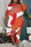 Orange Casual Print Asymmetrical O Neck Plus Size Two Pieces