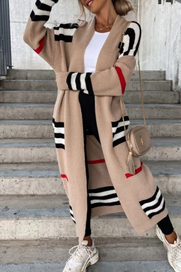 Camel Casual Striped Patchwork Cardigan Collar Outerwear