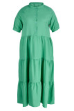 Green Casual Solid Patchwork Buttons Fold Turndown Collar Shirt Dress Plus Size Dresses
