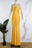 Red Sexy Solid Metal Accessories Decoration Backless Halter Long Dress Dresses