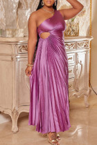 Rose Purple Sexy Casual Solid Hollowed Out Backless Oblique Collar Pleated Dresses