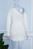 White Casual Solid Patchwork Oblique Collar Long Sleeve Dresses