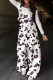 White Purple Street Print Patchwork Pocket Knotted Spaghetti Strap Loose Jumpsuits