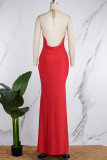 Red Sexy Solid Metal Accessories Decoration Backless Halter Long Dress Dresses