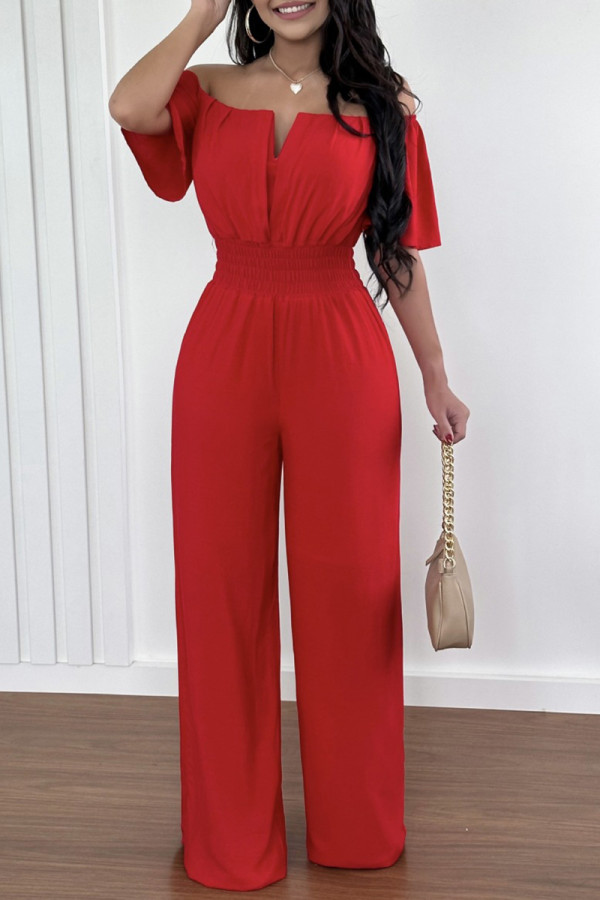 Red Casual Work Solid Patchwork Backless V Neck Straight Jumpsuits