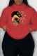 Red Vintage Print Draw String Hooded Collar Tops