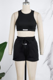 Coffee Casual Solid Basic O Neck Sleeveless Two Pieces