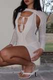 Grey Sexy Solid Bandage Hollowed Out See-through Backless O Neck Long Sleeve Two Pieces