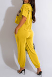 Yellow Casual Solid Pocket V Neck Long Sleeve Two Pieces