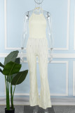 Apricot Sexy Solid Bandage Backless Halter Skinny Jumpsuits