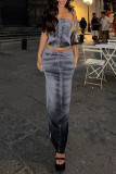 Grey Street Print Patchwork Buckle Backless Slit Strapless Sleeveless Two Pieces