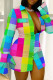 Green Yellow Sexy Print Patchwork Buckle Turndown Collar Shirt Dress Dresses