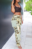 Light Green Street Camouflage Print Patchwork Pocket Regular High Waist Straight Full Print Bottoms