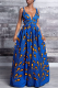 Blue Vintage Print Patchwork Backless V Neck A Line Dresses