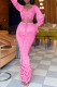 Pink Casual Solid Draw String Frenulum Fold V Neck Long Sleeve Two Pieces
