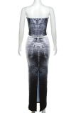 Grey Street Print Patchwork Buckle Backless Slit Strapless Sleeveless Two Pieces