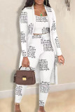 White Casual Print Patchwork Frenulum O Neck Long Sleeve Three Pieces