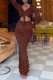 Coffee Casual Solid Draw String Frenulum Fold V Neck Long Sleeve Two Pieces