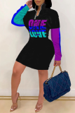 Multicolor Street Print Patchwork Letter Zipper Collar One Step Skirt Dresses