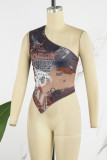 Brown Casual Print Backless Asymmetrical Oblique Collar Tops