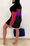 Multicolor Street Print Patchwork Letter Zipper Collar One Step Skirt Dresses