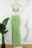 Green Sexy Solid Tassel Bandage Backless Halter Sleeveless Two Pieces