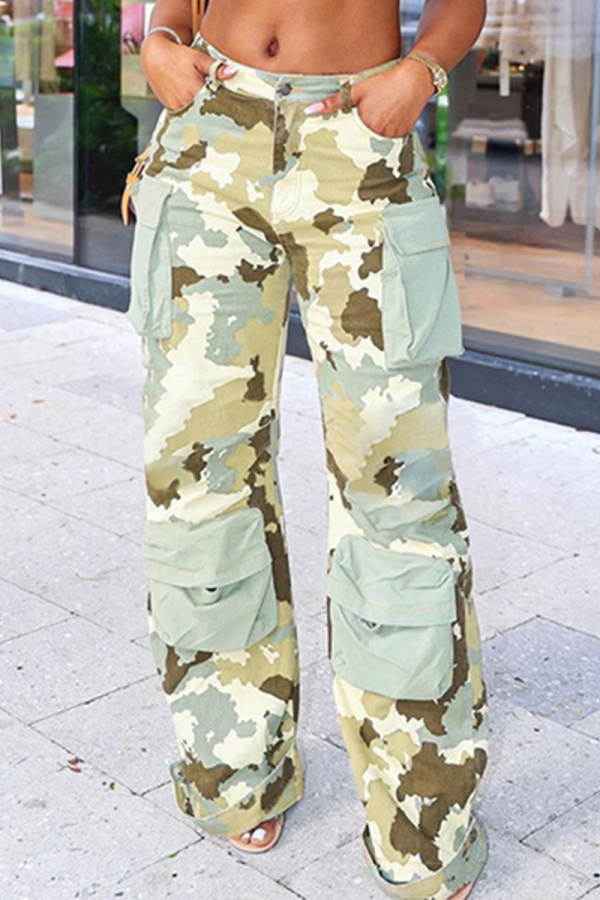 Light Green Street Camouflage Print Patchwork Pocket Regular High Waist Straight Full Print Bottoms