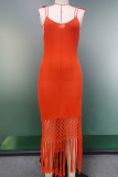 Tangerine Red Casual Solid Tassel Hollowed Out Backless Spaghetti Strap Wrapped Skirt Dresses