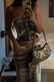 Grey Street Print Patchwork Buckle Backless Slit Strapless Sleeveless Two Pieces