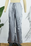 Silver Casual Street Solid Patchwork Pocket Straight Low Waist Straight Solid Color Bottoms
