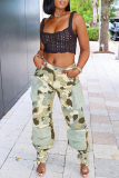 Light Green Street Camouflage Print Patchwork Pocket Regular High Waist Straight Full Print Bottoms